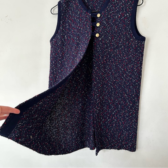 Vintage 60s/70s Confetti Fancy Knit Tunic Vest Sleeveless Navy Blue Open Front M - Picture 3 of 15
